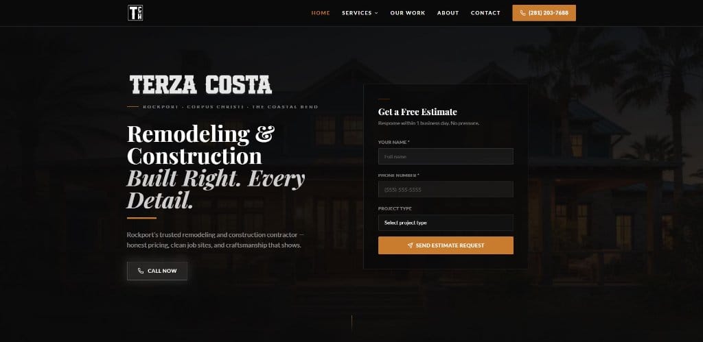 Terza Costa Construction website — Construction in Coastal Bend, TX