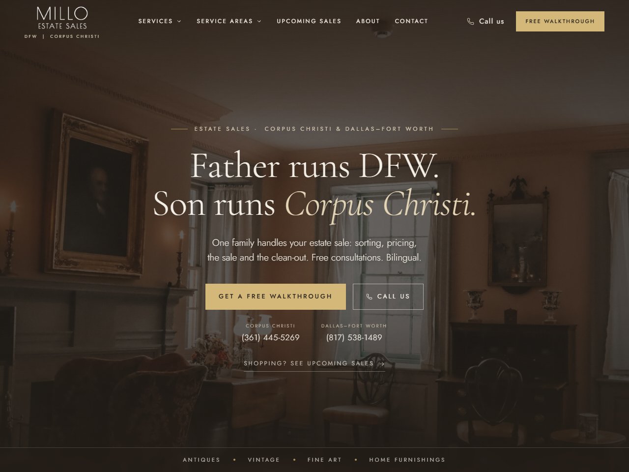 Millo Estate Sales website, Estate Sales in Corpus Christi & Dallas–Fort Worth