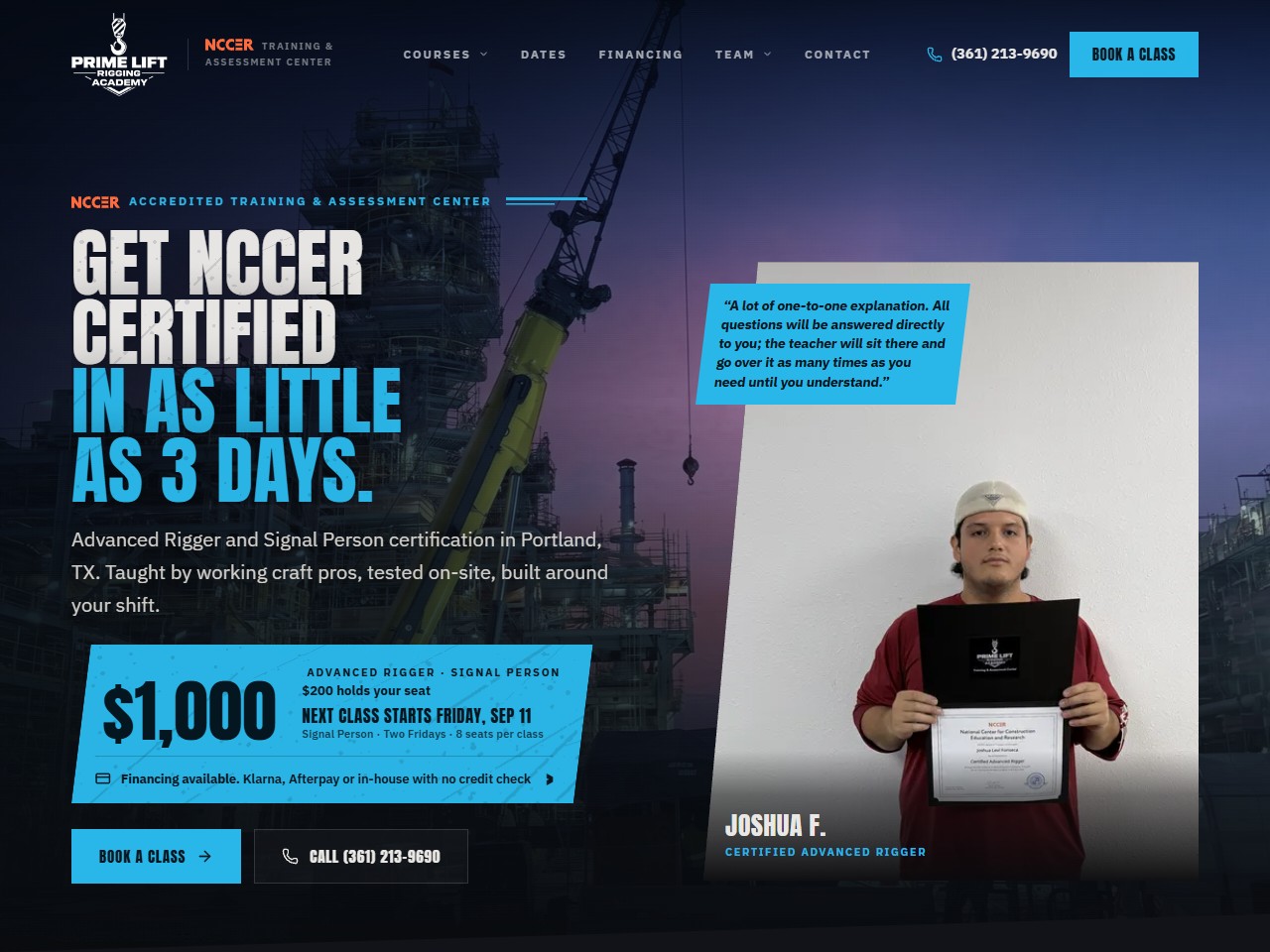 Prime Lift Rigging Academy website, NCCER Rigging & Craft Certification in Portland, TX