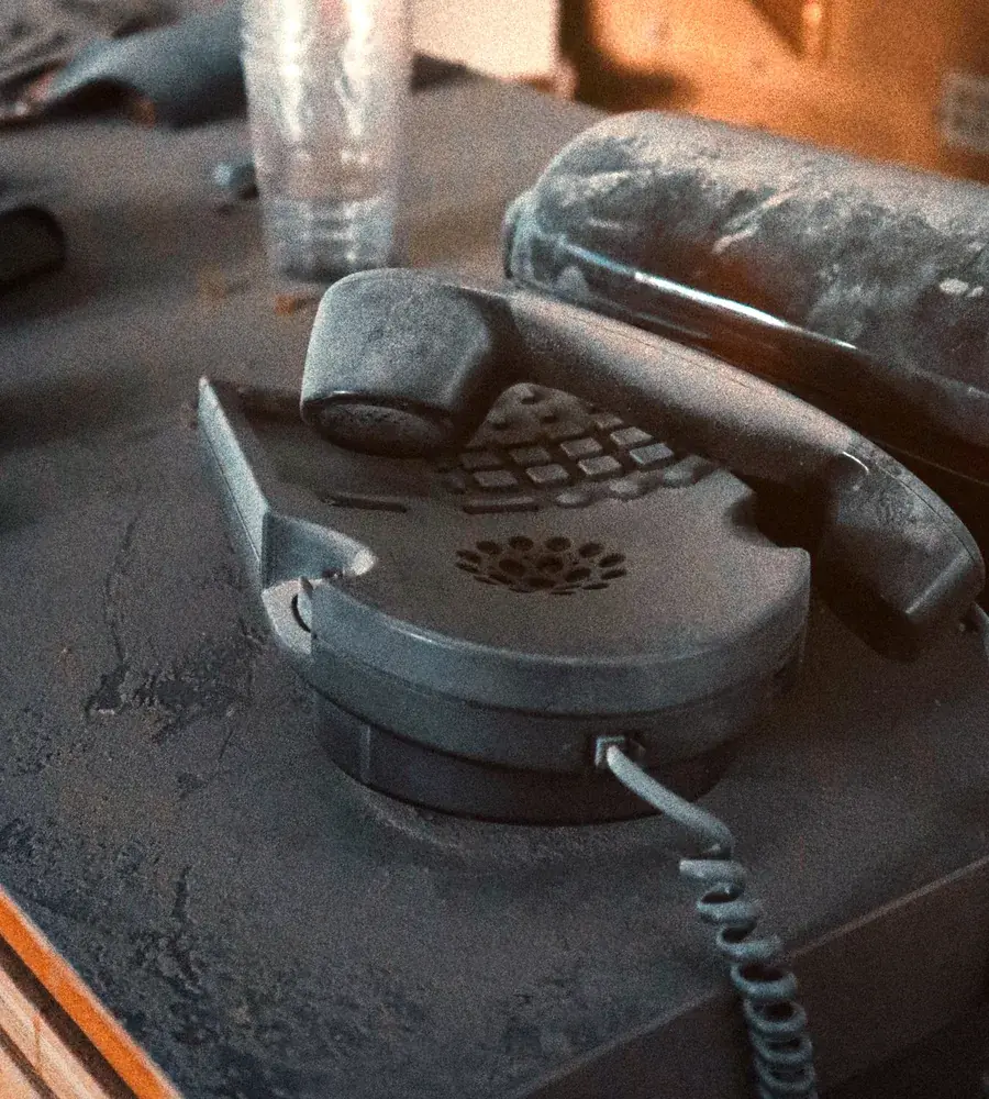 An old office phone covered in dust, untouched