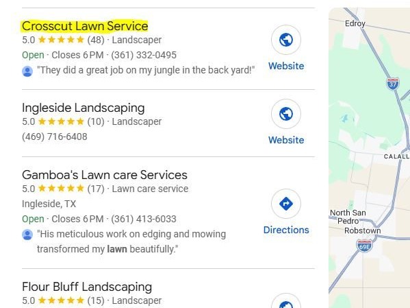 Google results for landscaper Ingleside with Crosscut Lawn Service in first place