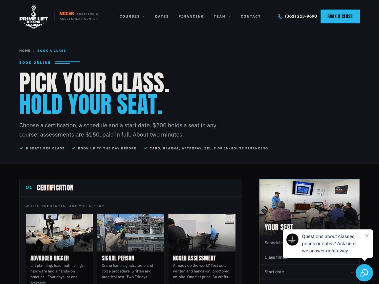 Prime Lift Rigging booking page: pick your class, hold your seat