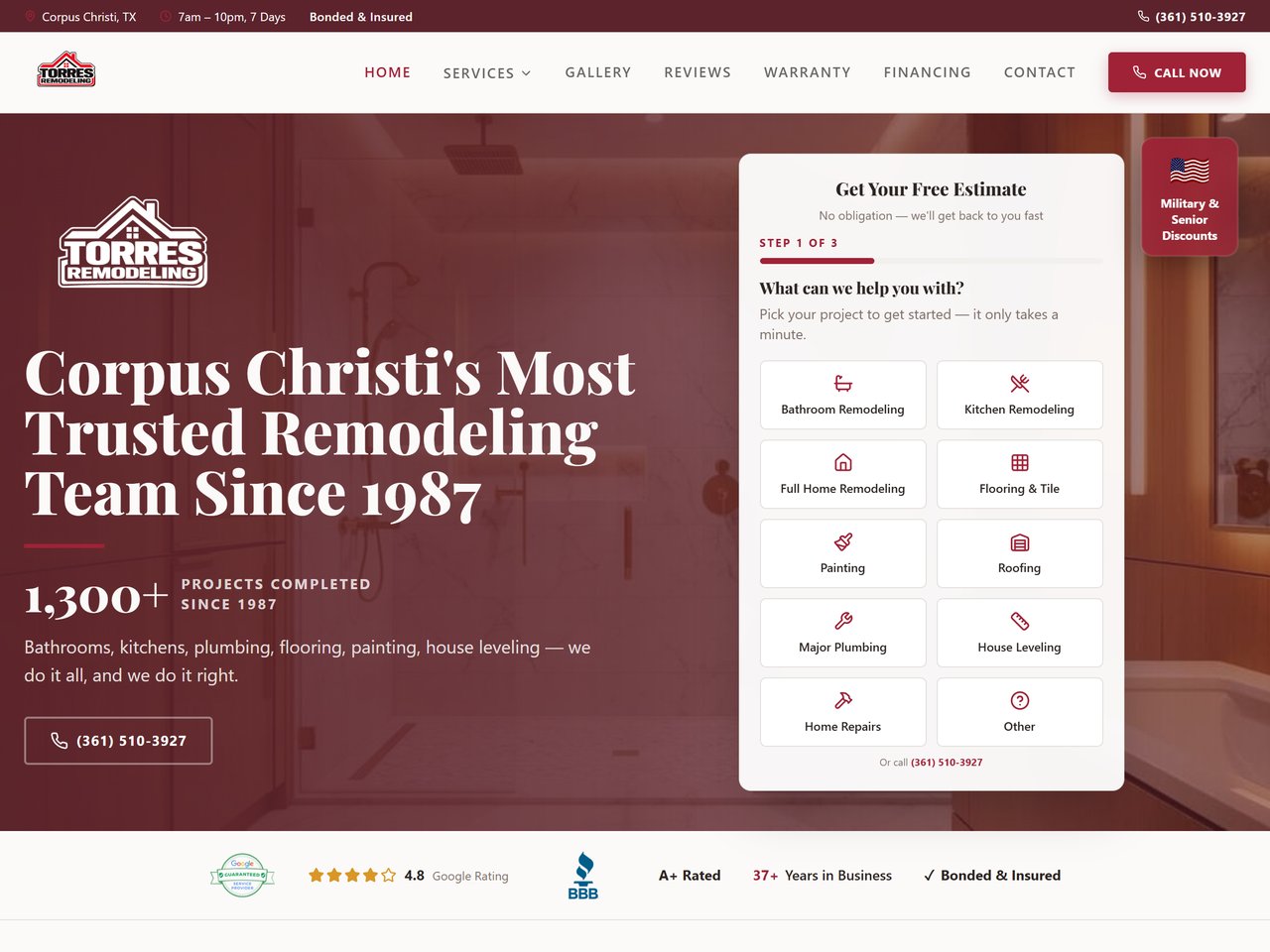 Torres Remodeling homepage with its three-step free estimate form