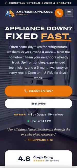 American Appliance Repair website on a phone