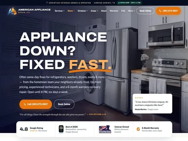 American Appliance Repair website on a desktop