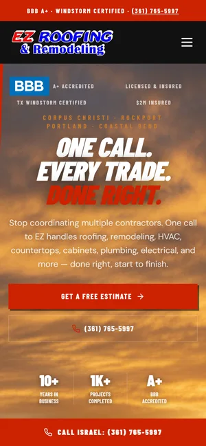 EZ Roofing & Remodeling website on a phone