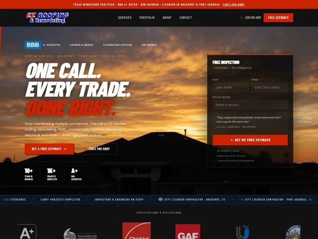 EZ Roofing & Remodeling website on a desktop
