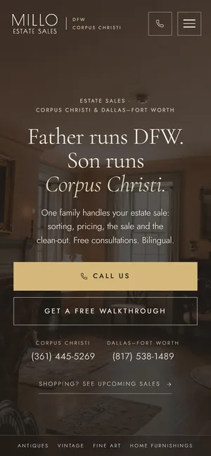 Millo Estate Sales website on a phone