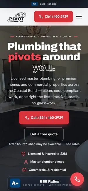 Pivot Plumbing website on a phone
