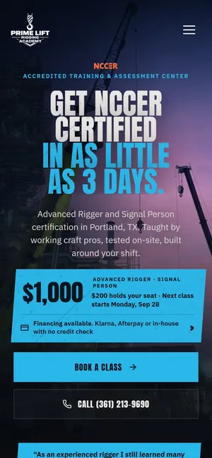 Prime Lift Rigging Academy website on a phone