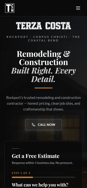 Terza Costa Construction website on a phone