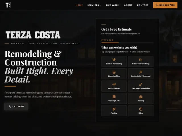 Terza Costa Construction website on a desktop