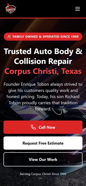 Tobon's Paint & Body Shop website on a phone