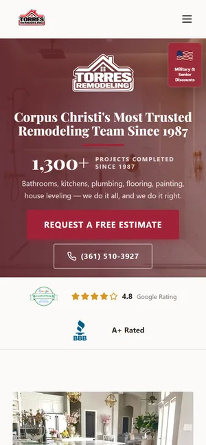 Torres Remodeling website on a phone