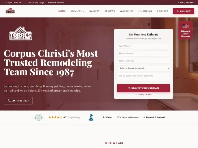 Torres Remodeling website on a desktop