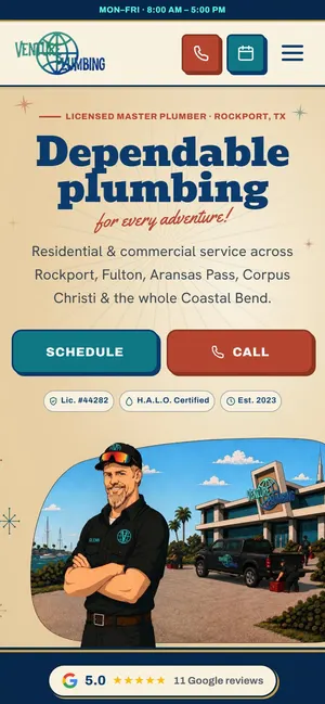 Venture Plumbing website on a phone